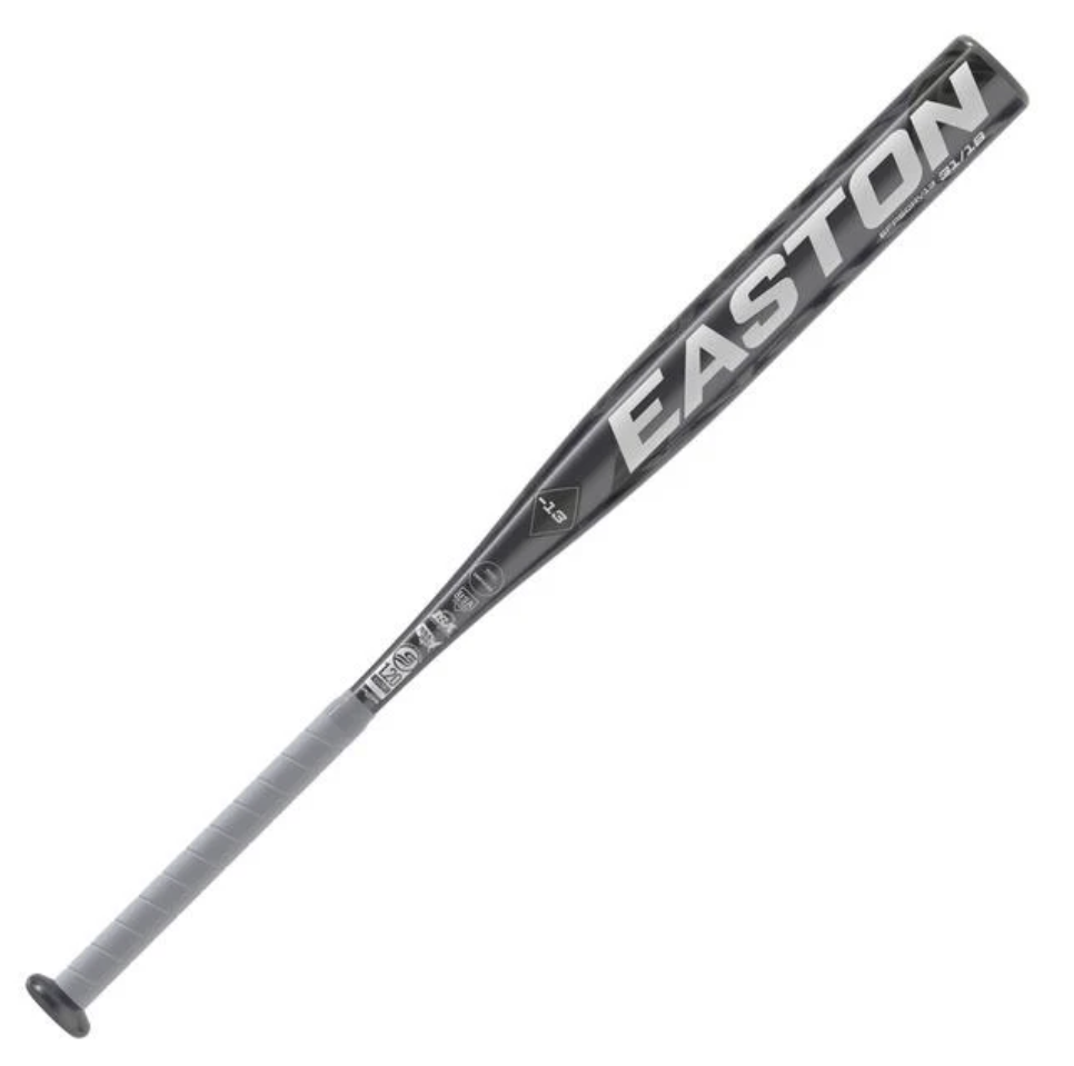 A baseball bat in grey with Easton logo written in white.