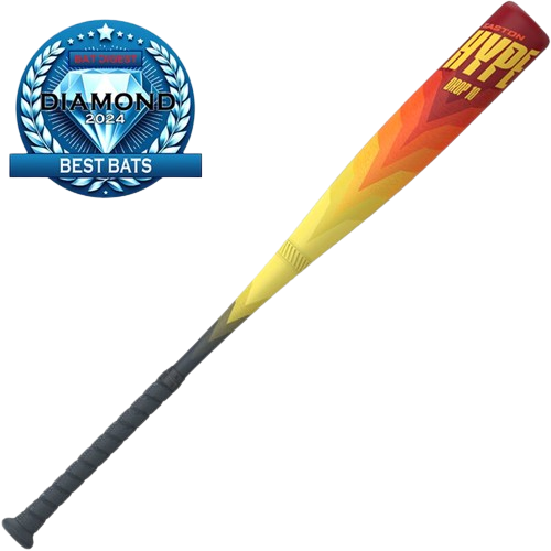 A photo of the Easton Hype drop -10 2 Piece Composite Youth Baseball Bat USSSA in colour red, orange and yellow. Front view. Bat Digest Diamond 2024 Best Bat Award.