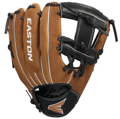 Brown baseball glove with black accents and 'Easton' branding on a white background