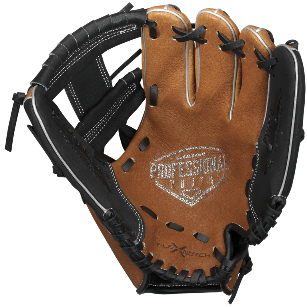 Brown baseball glove with black accents on a white background