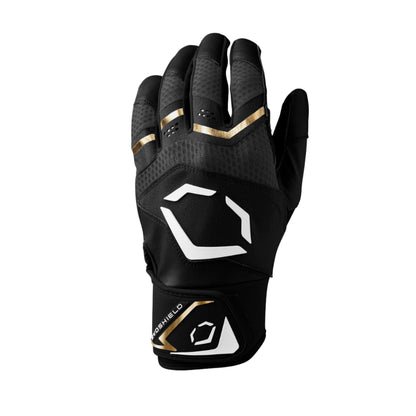 A photo of the EvoShield Carbyne Batting Gloves in colour black, white and gold.