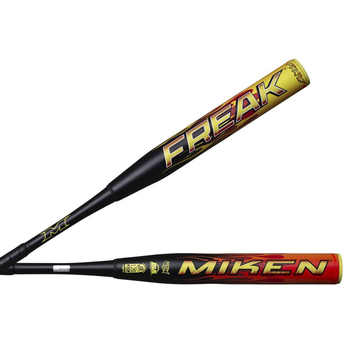 A photo of the Miken Freak Fire 2-PC Maxload 12.75" USSSA Slo-pitch Bat (2026) in colour yellow, red and black.