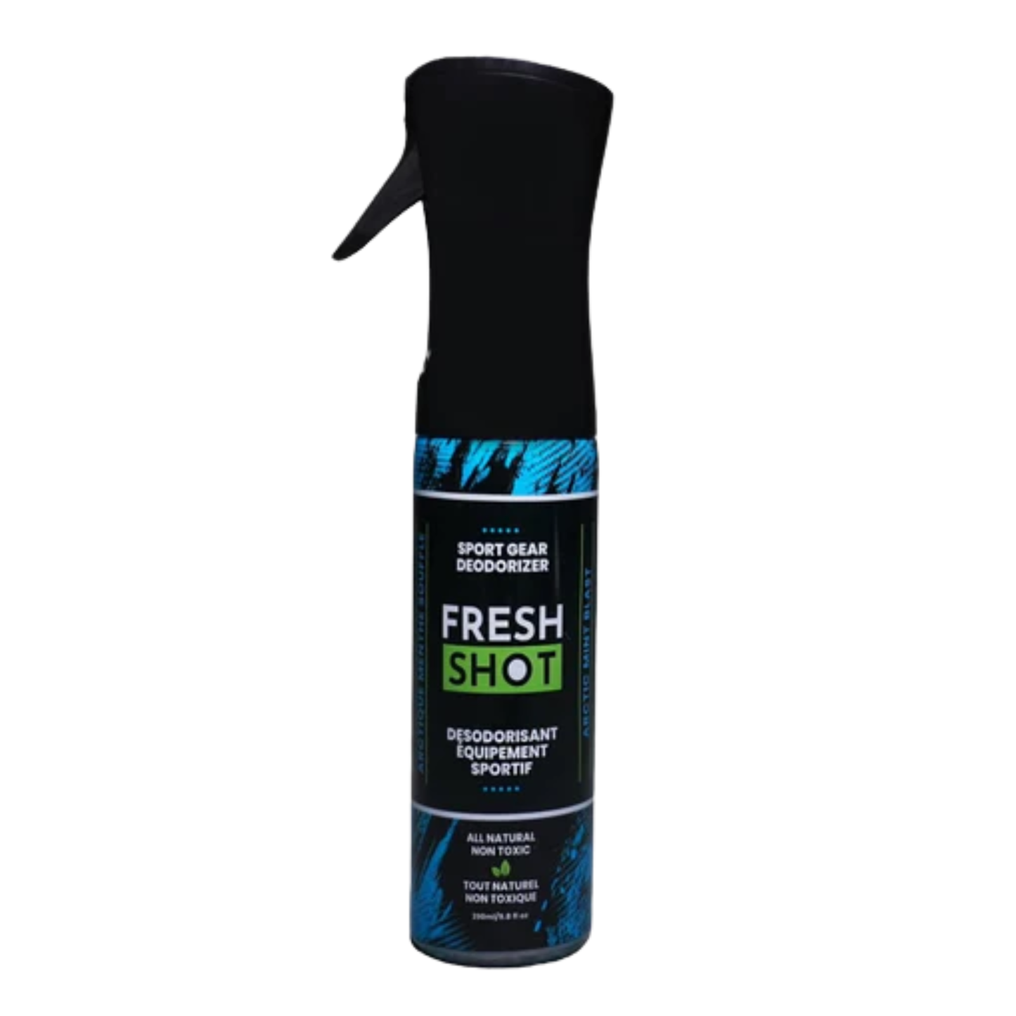 A photo of the Fresh Shot Sport Gear Deodorizer Spray in colour black and blue.