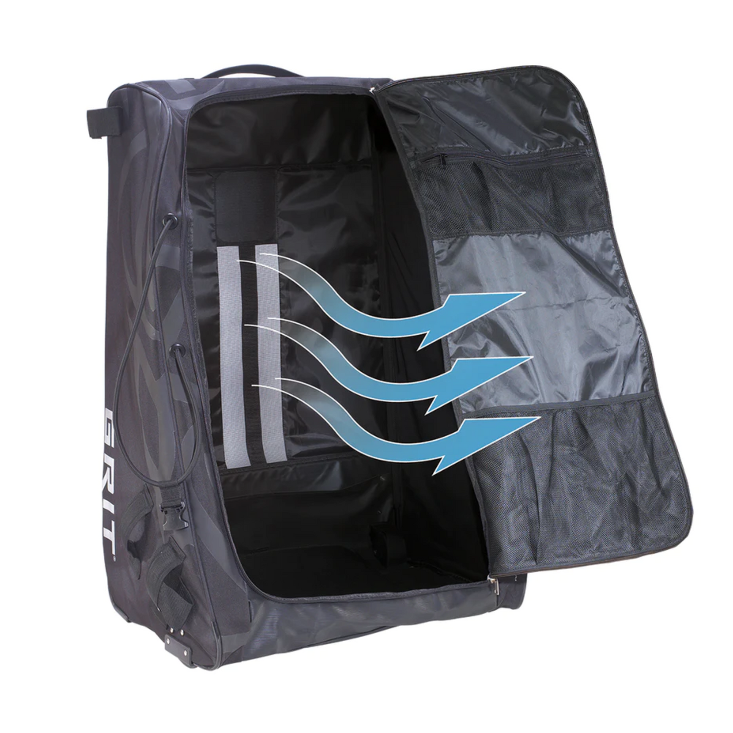 A photo of the GRIT GT4 Sumo Tower Goalie Hockey Bag 40" in colour black angled front view open bag empty.