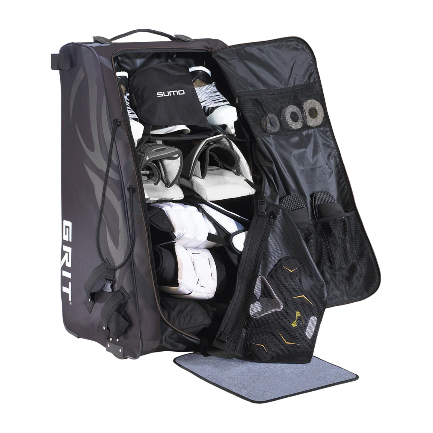 A photo of the GRIT GT4 Sumo Tower Goalie Hockey Bag 40" in colour black angled front view open bag fully loaded.