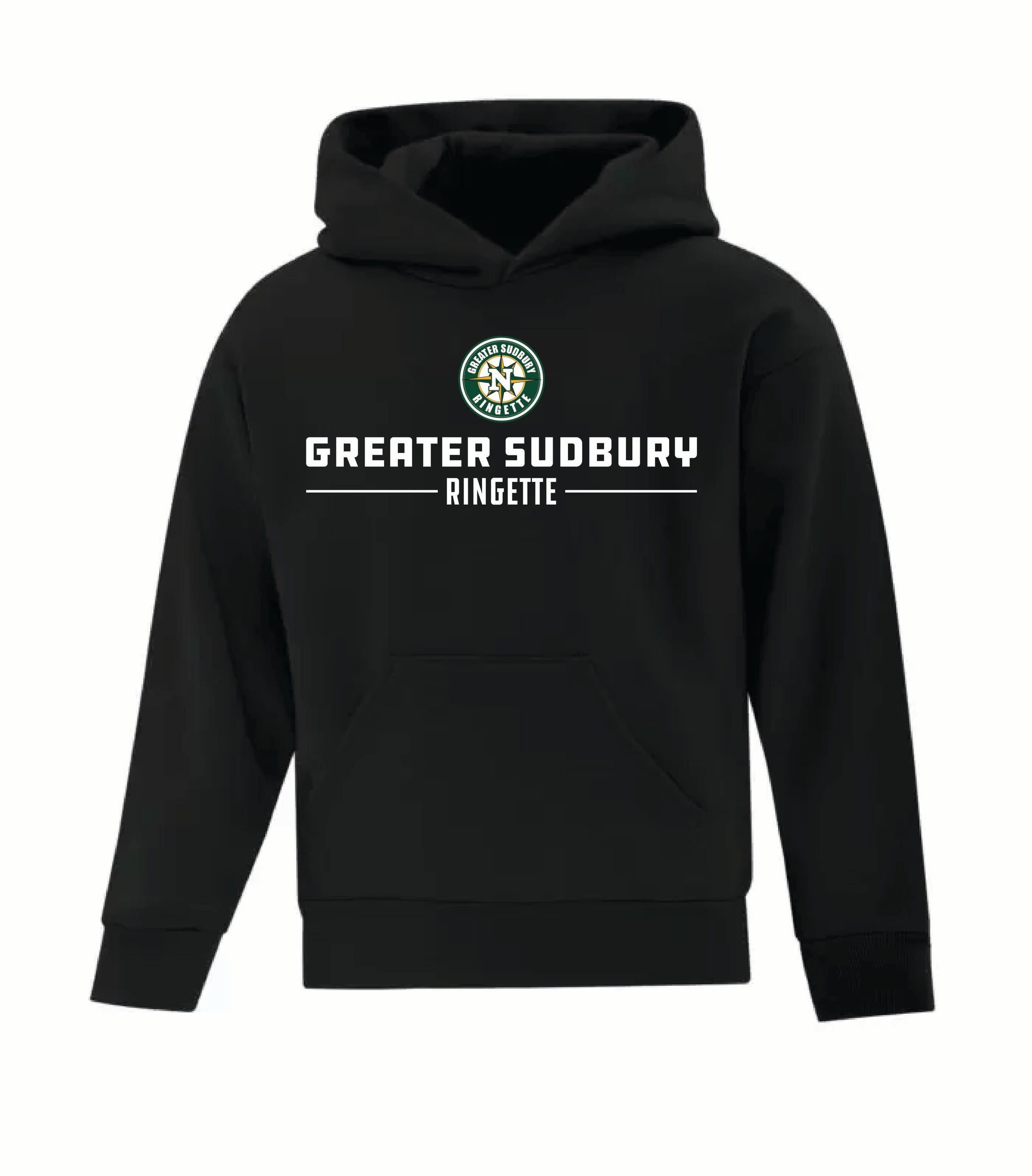 A photo of the Greater Sudbury Ringette - Youth Hoodie in colour black.