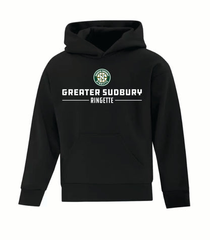 A photo of the Greater Sudbury Ringette - Youth Hoodie in colour black.