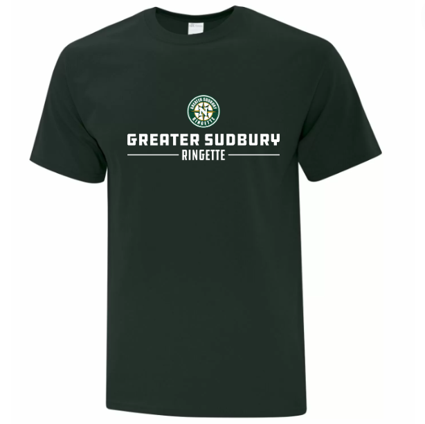 Greater Sudbury Ringette T-shirt in colour dark green with logo on front chest.
