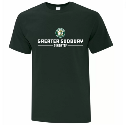 Greater Sudbury Ringette T-shirt in colour dark green with logo on front chest.