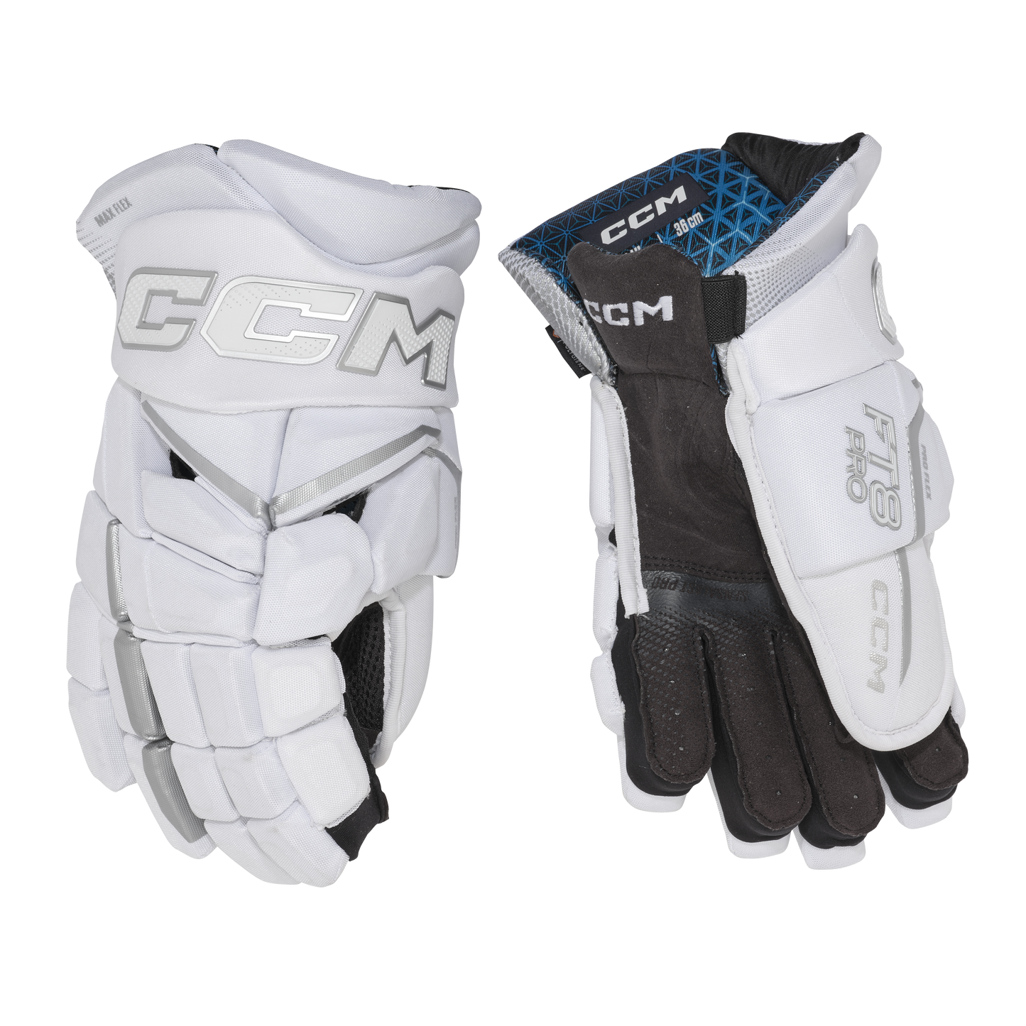 A photo of the CCM JetSpeed FT8 Pro Hockey Gloves - White Edition