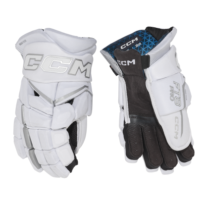 A photo of the CCM JetSpeed FT8 Pro Hockey Gloves - White Edition