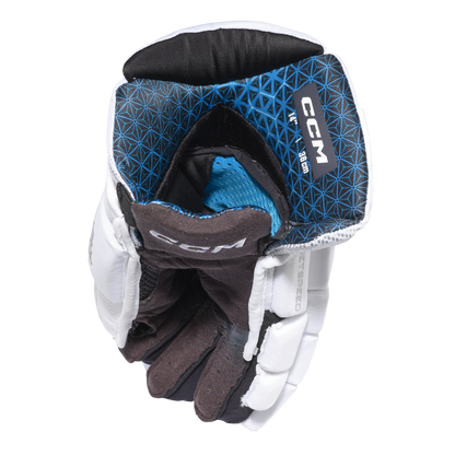 A photo of the CCM JetSpeed FT8 Pro Hockey Gloves - White Edition