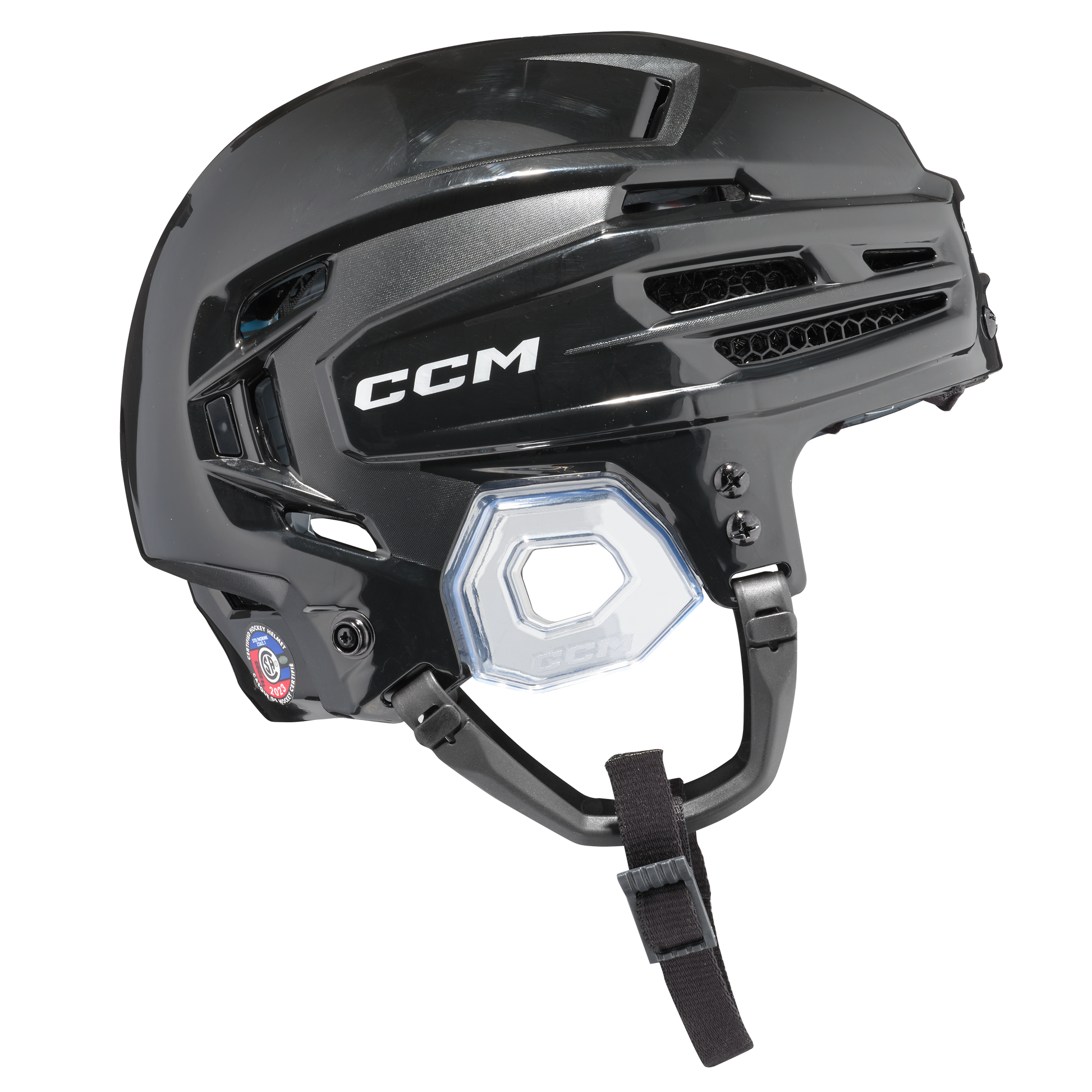 A photo of the CCM Tacks 920 Senior Hockey Helmet in colour black. Side of the helmet.