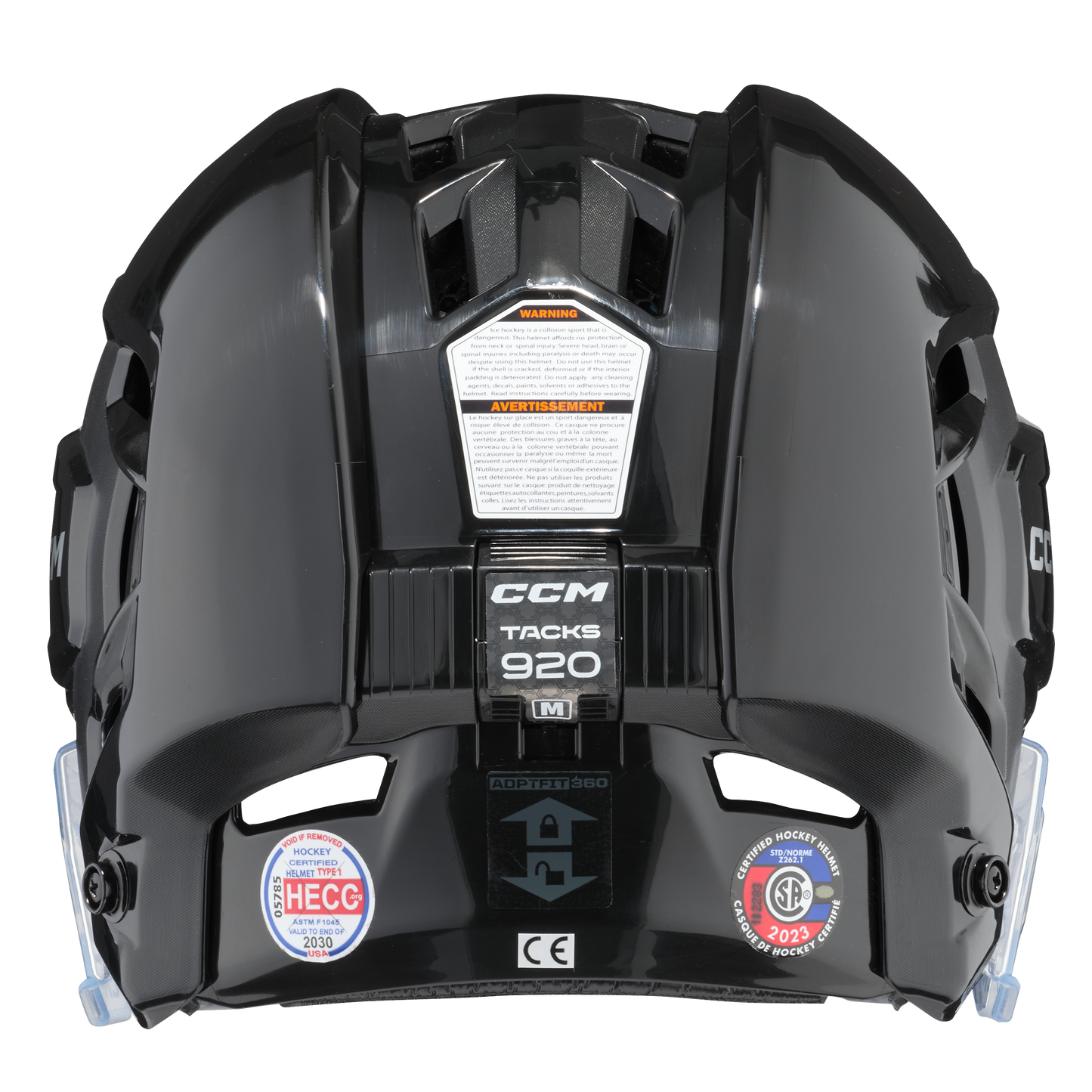 A photo of the CCM Tacks 920 Senior Hockey Helmet in colour black. Back of the helmet.