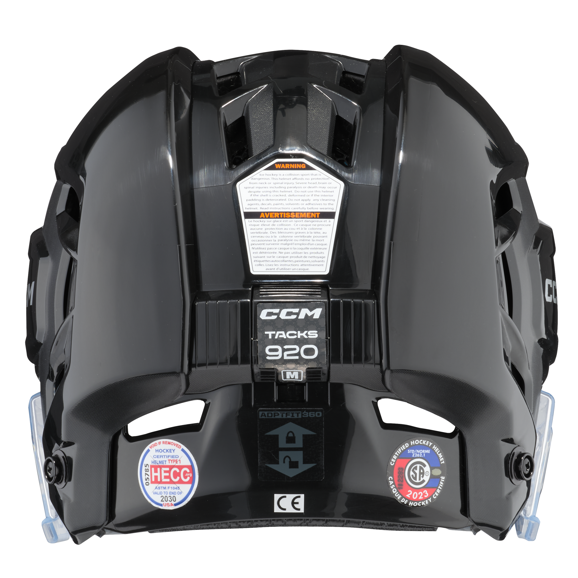 A photo of the CCM Tacks 920 Senior Hockey Helmet in colour black. Back of the helmet.