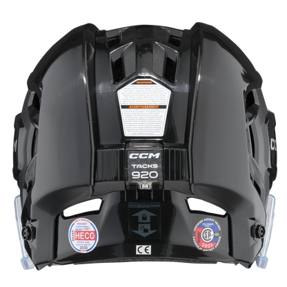 A photo of the CCM Tacks 920 Senior Hockey Helmet in colour black. Back of the helmet.