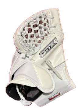 A photo of the Brian's Iconik 4 Senior Goalie Catcher in colour white. Side view.