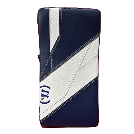 A photo of the Warrior G7 Goalie Blocker in colour Navy and white. Front view.