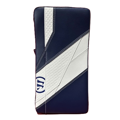 A photo of the Warrior G7 Goalie Blocker in colour Navy and white. Front view.