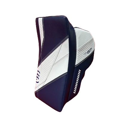 A photo of the Warrior G7 Goalie Blocker in colour Navy and white. Side view.