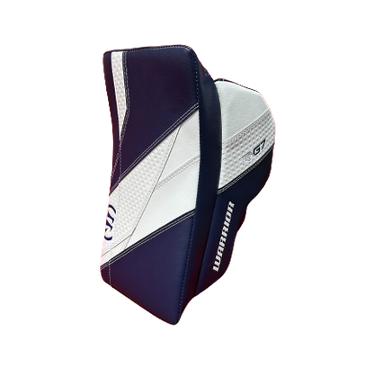 A photo of the Warrior G7 Goalie Blocker in colour Navy and white. Side view.