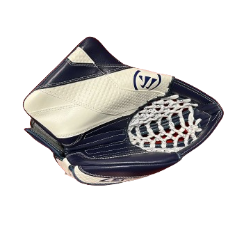 A photo of the Warrior G7 Pro Goalie Catcher in colour navy and white. Front view.