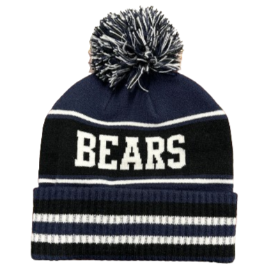 A photo of the St. Benedict Sublimated Toque with BEARS writing, in colour blue, black, and white. Pom Pom Ball on top.