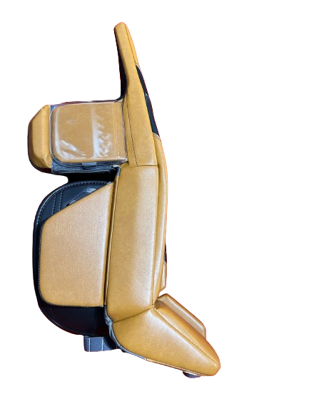 A photo of the Warrior G7 Goalie Leg Pads in colour tan and black, outside side view.