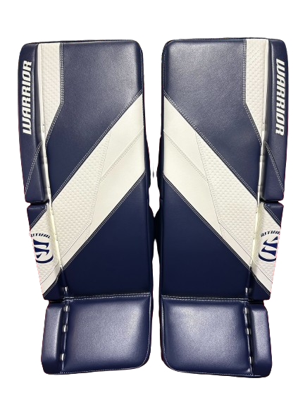 A photo of the Warrior G7 Goalie Leg Pads in colour navy and white. Front view.