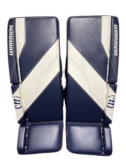 A photo of the Warrior G7 Goalie Leg Pads in colour navy and white. Front view.