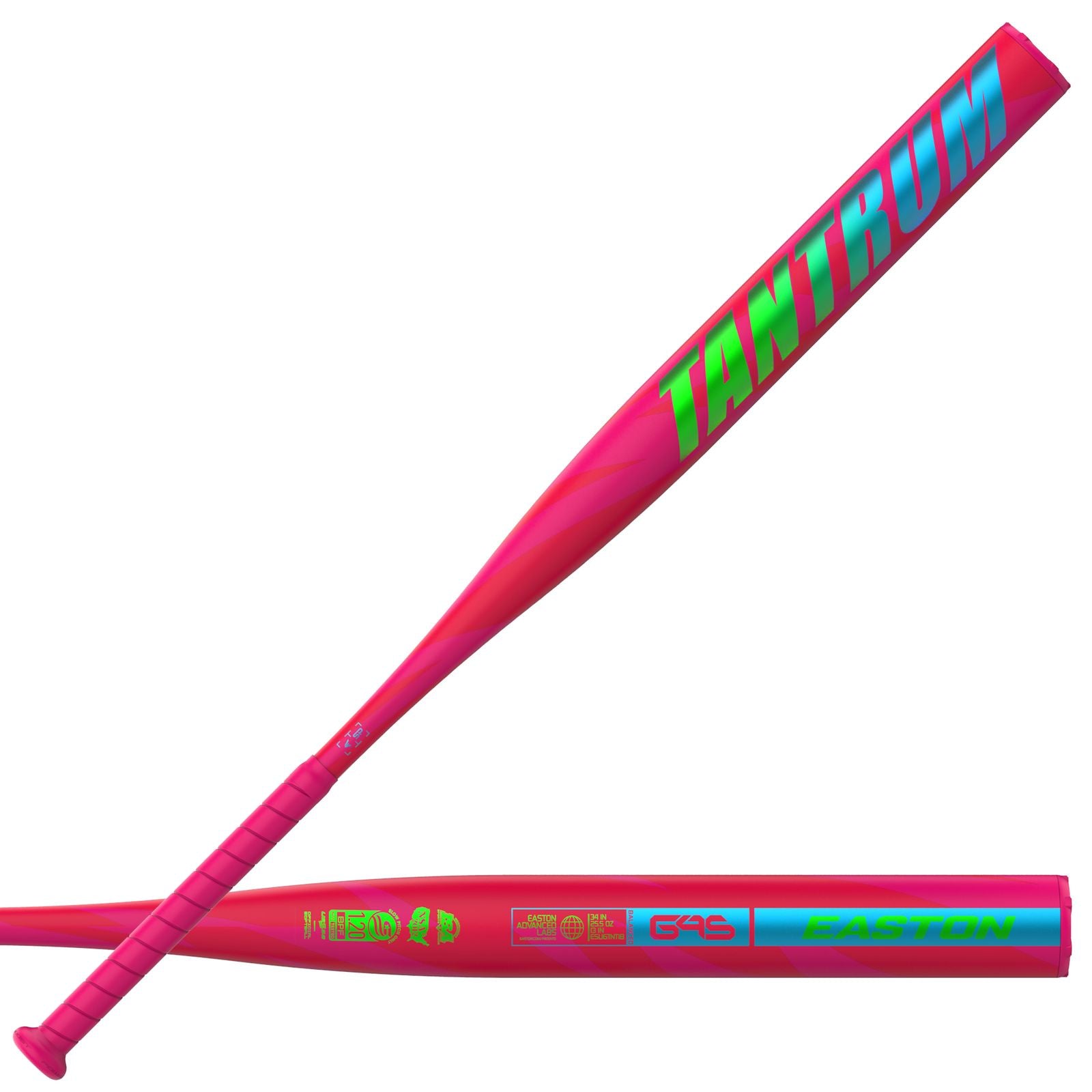 A photo of the Easton Tantrum Balanced 13" 1-Piece Slo-Pitch Softball Bat (2026) in colour red with green and blue text.