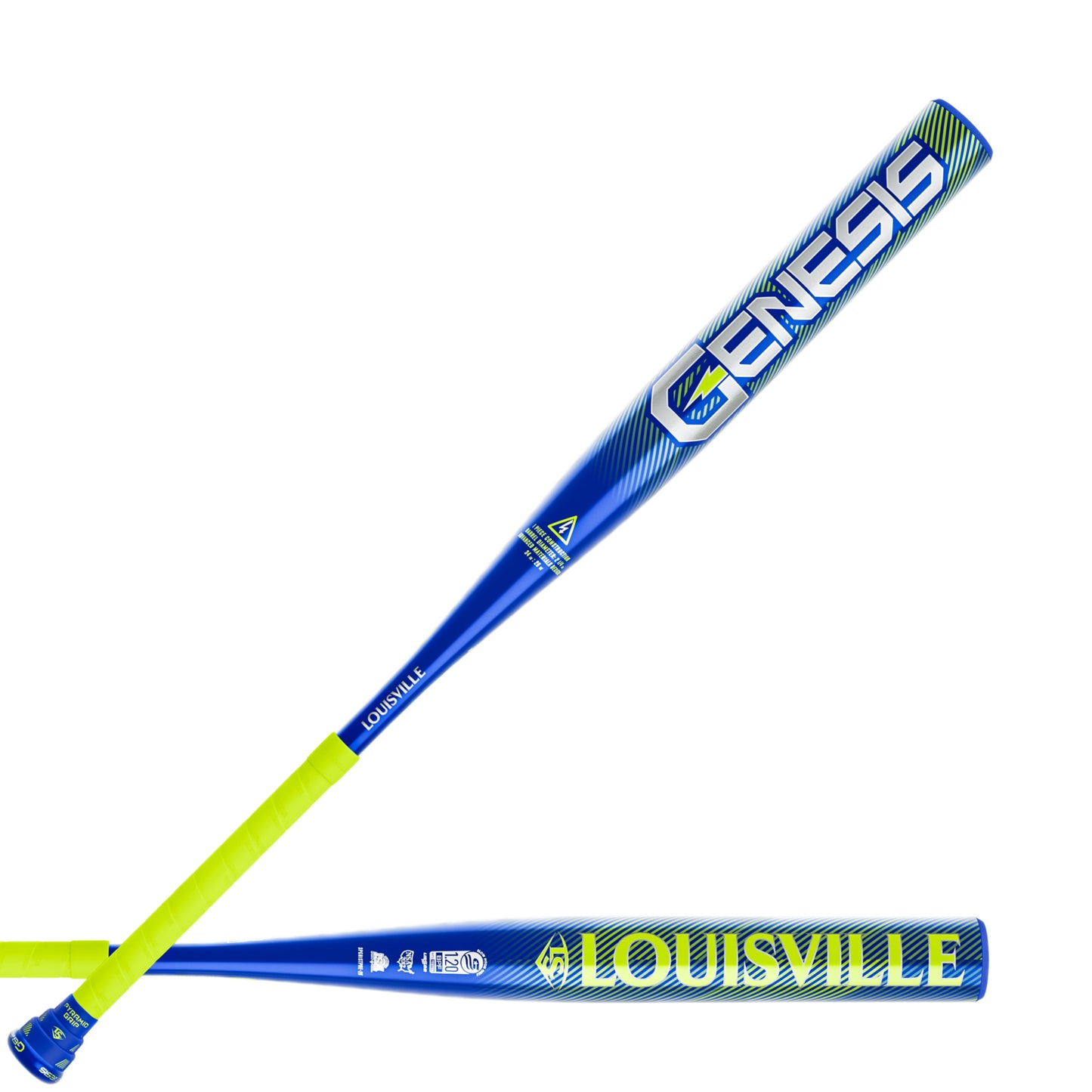 A photo of the Louisville Slugger Genesis 1PC Endload Slo-Pitch Bat in colour blue and yellow.