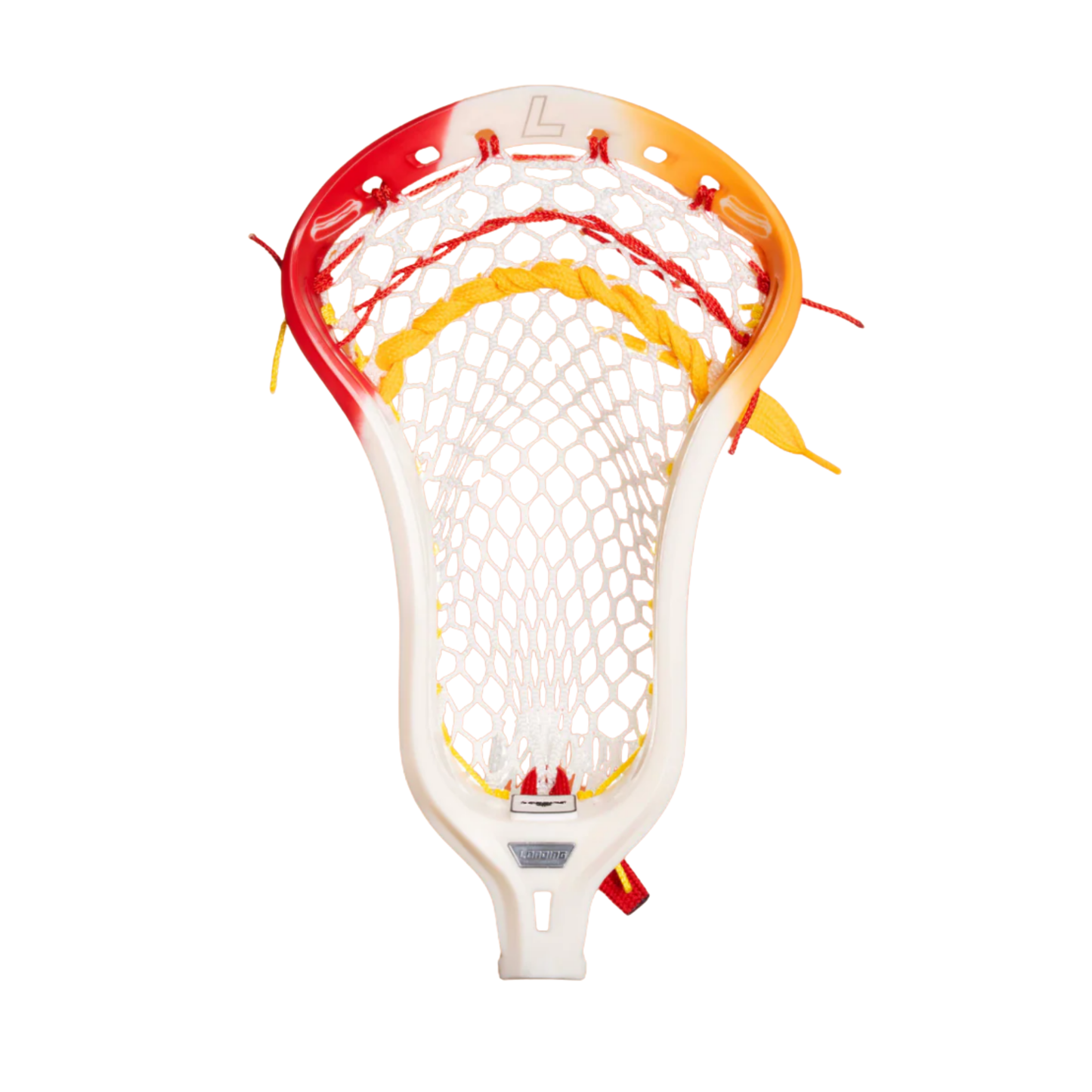 A photo of the Loading Lacrosse WYN Hotdog Strung Lacrosse Head in colour white red and orange, with white mesh lace.