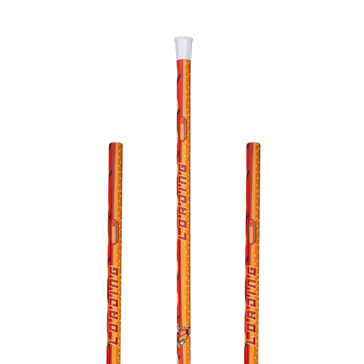 A photo of the Loading Lacrosse Hotdog Lacrosse Shaft in colour orange and red with a white tip.