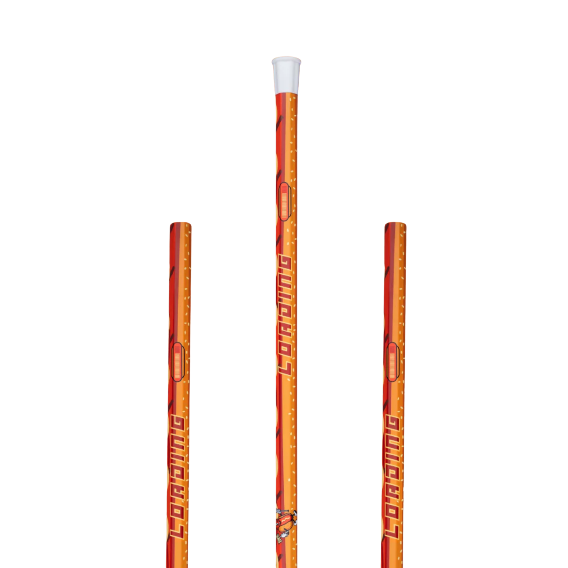 A photo of the Loading Lacrosse Hotdog Lacrosse Shaft in colour orange and red with a white tip.