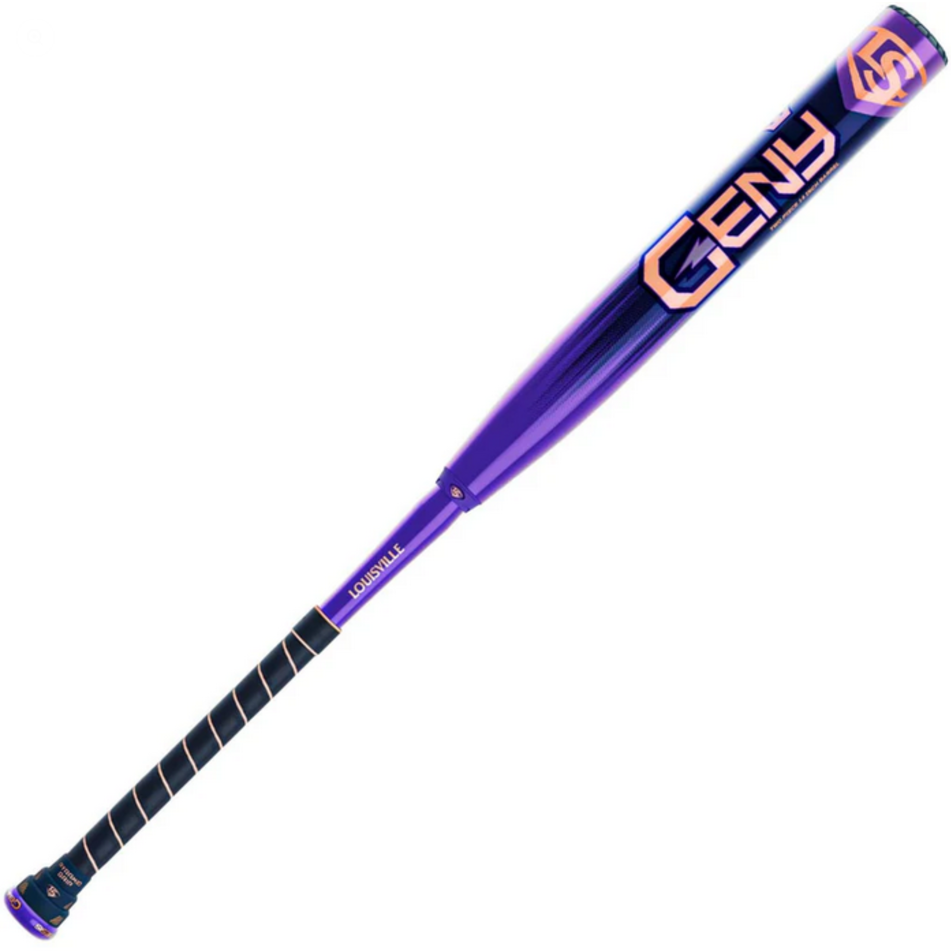 A photo of the Louisville Genesis 2 Piece Royal Geny Collection USSSA Balance Slo-pitch Softball Bat in colour purple with orange text.