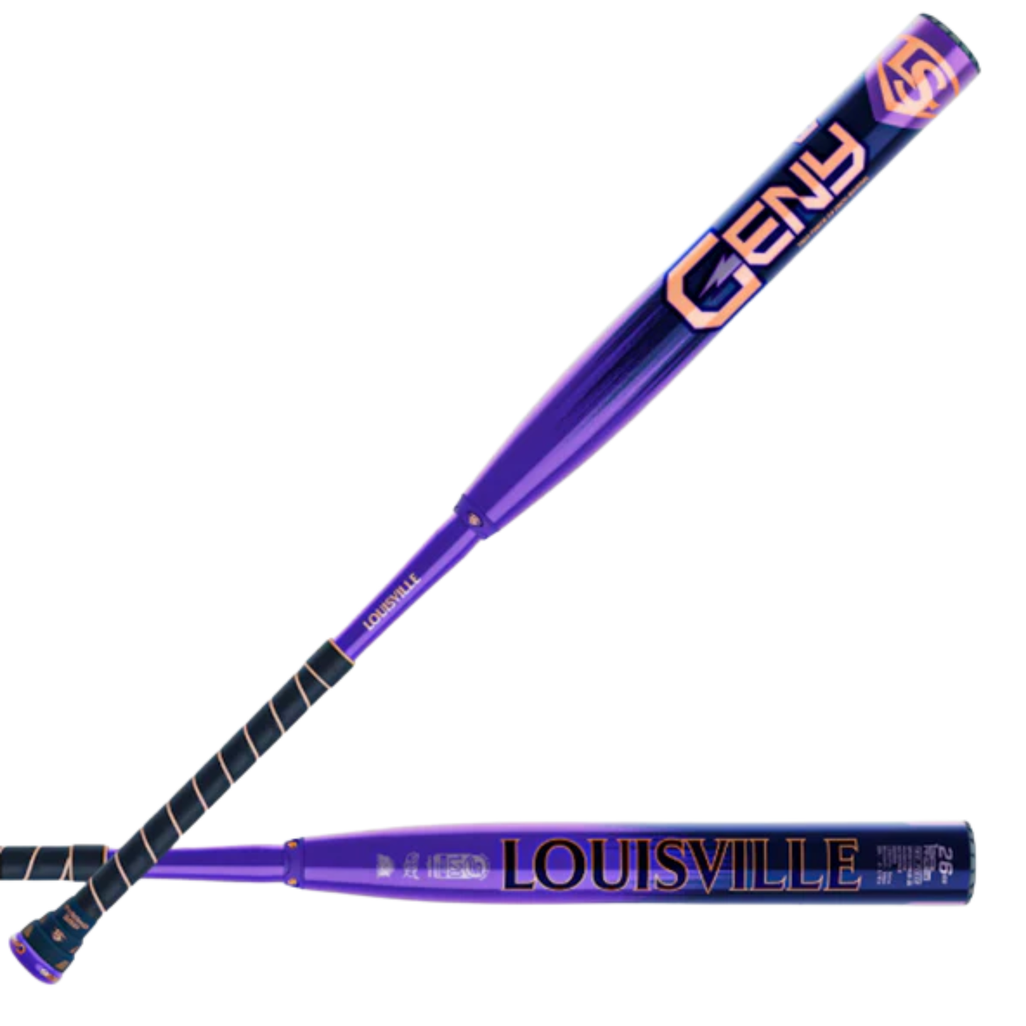 A photo of the Louisville Genesis 2 Piece Royal Geny Collection USSSA Balance Slo-pitch Softball Bat in colour purple with orange text.