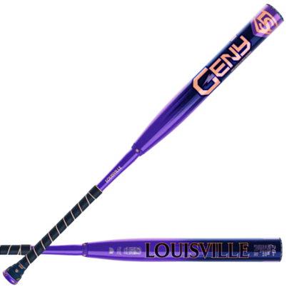 A photo of the Louisville Genesis 2 Piece Royal Geny Collection USSSA Balance Slo-pitch Softball Bat in colour purple with orange text.