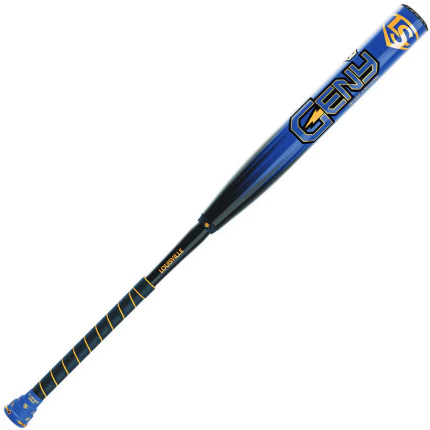 A photo of the Louisville Genesis 2 Piece Royal Geny Collection USSSA Endload Slo-pitch Softball Bat in colour blue, yellow and black.