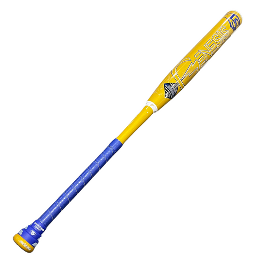 A photo of the Louisville Genesis Gold Slo-Pitch Bat - Skater's Edge Exclusive in colour yellow and blue. Angled view.