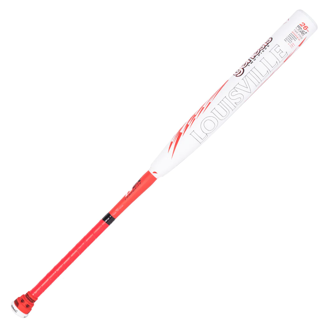 A photo of the Louisville Genesis Andy Purcell 2pc USSSA Slo-Pitch Bat in colour white and red, rear view.