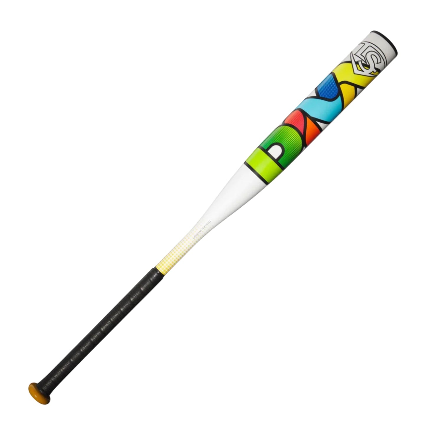 A photo of the Louisville Slugger 2025 Diva (-11.5) Fastpitch Softball Bat in colour white with rainbow colours in text.