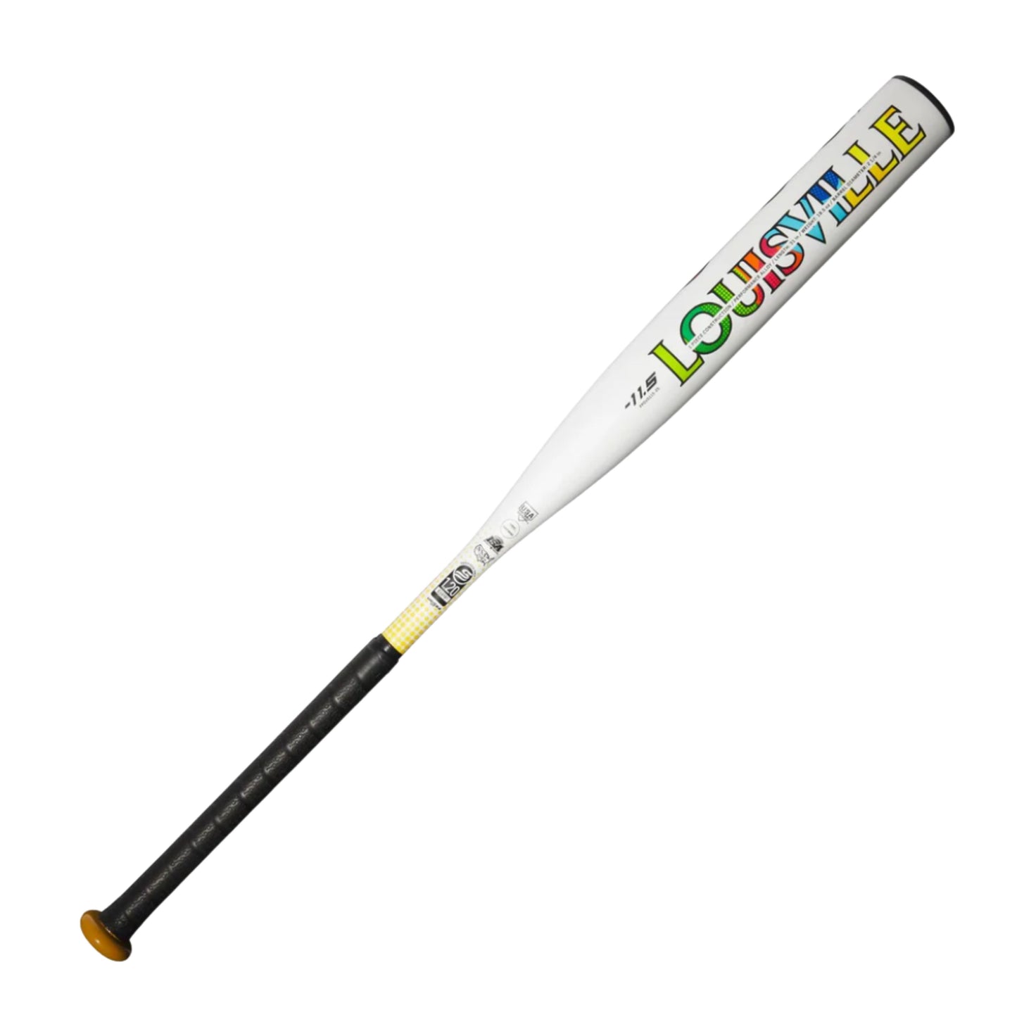A photo of the Louisville Slugger 2025 Diva (-11.5) Fastpitch Softball Bat in colour white with rainbow colours in text.