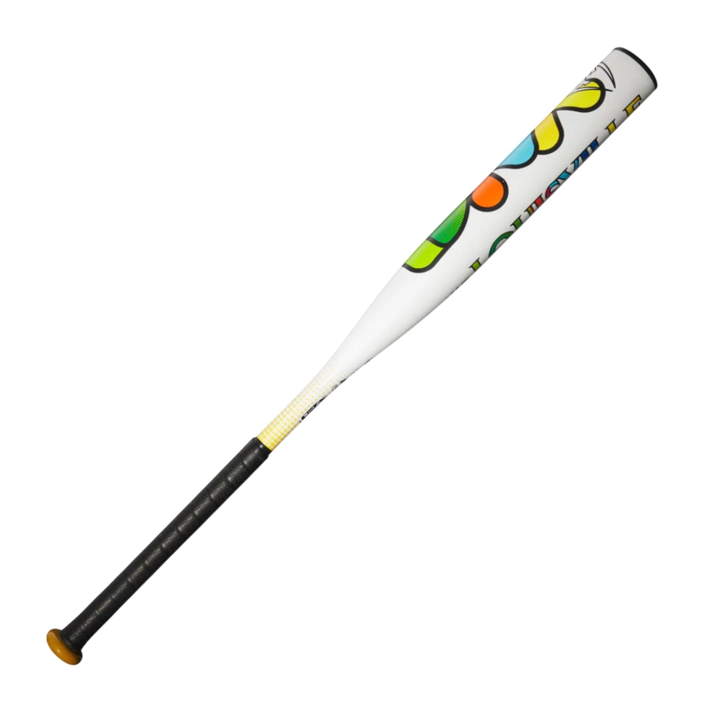 A photo of the Louisville Slugger 2025 Diva (-11.5) Fastpitch Softball Bat in colour white with rainbow colours in text.