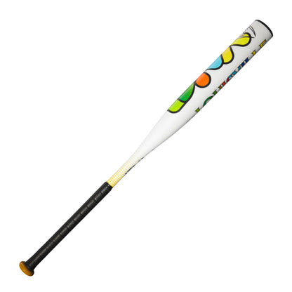 A photo of the Louisville Slugger 2025 Diva (-11.5) Fastpitch Softball Bat in colour white with rainbow colours in text.
