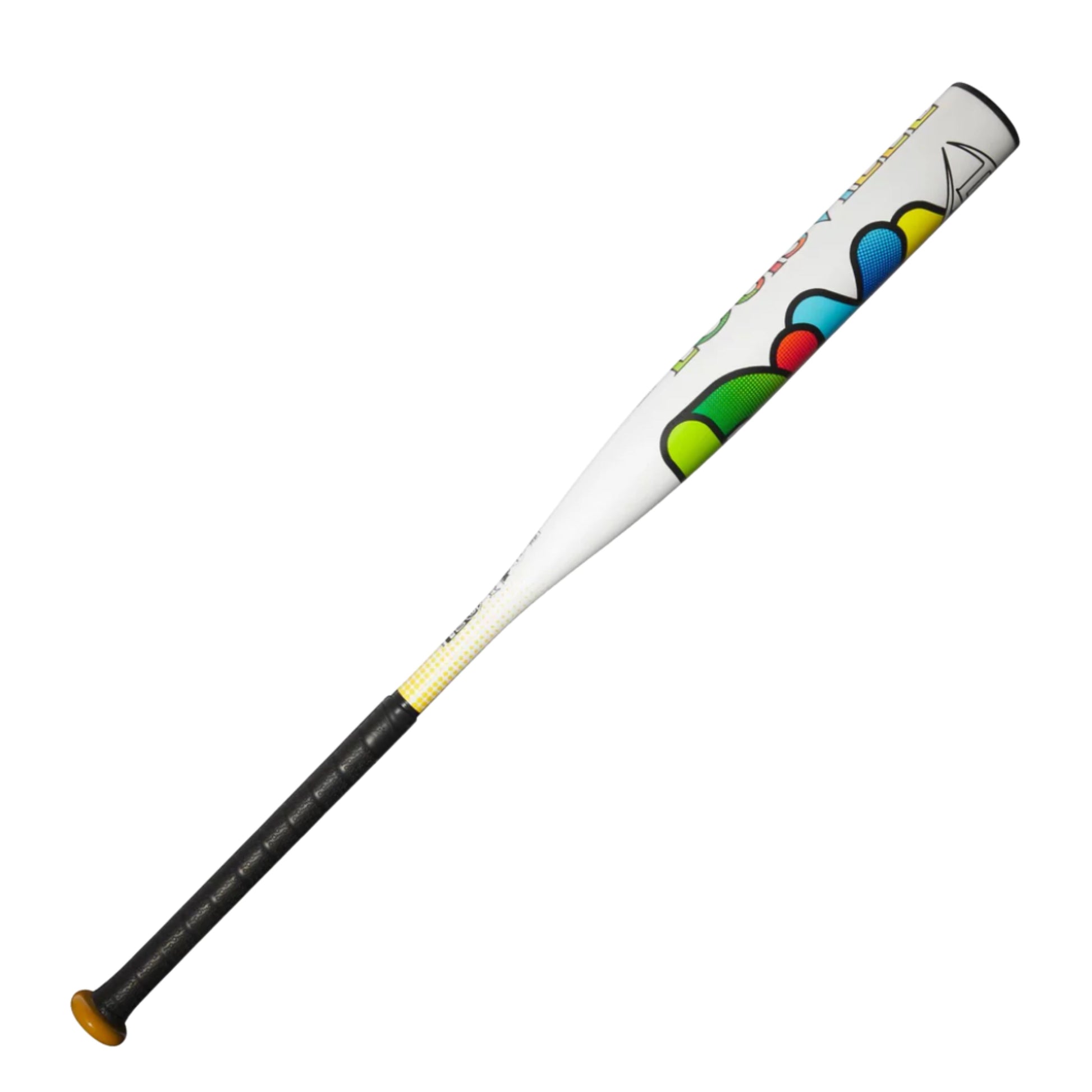 A photo of the Louisville Slugger 2025 Diva (-11.5) Fastpitch Softball Bat in colour white with rainbow colours in text.