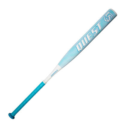 A photo of the Louisville Slugger 2025 Quest (-12) Fastpitch Bat in colour teal and white, with white text QUEST.