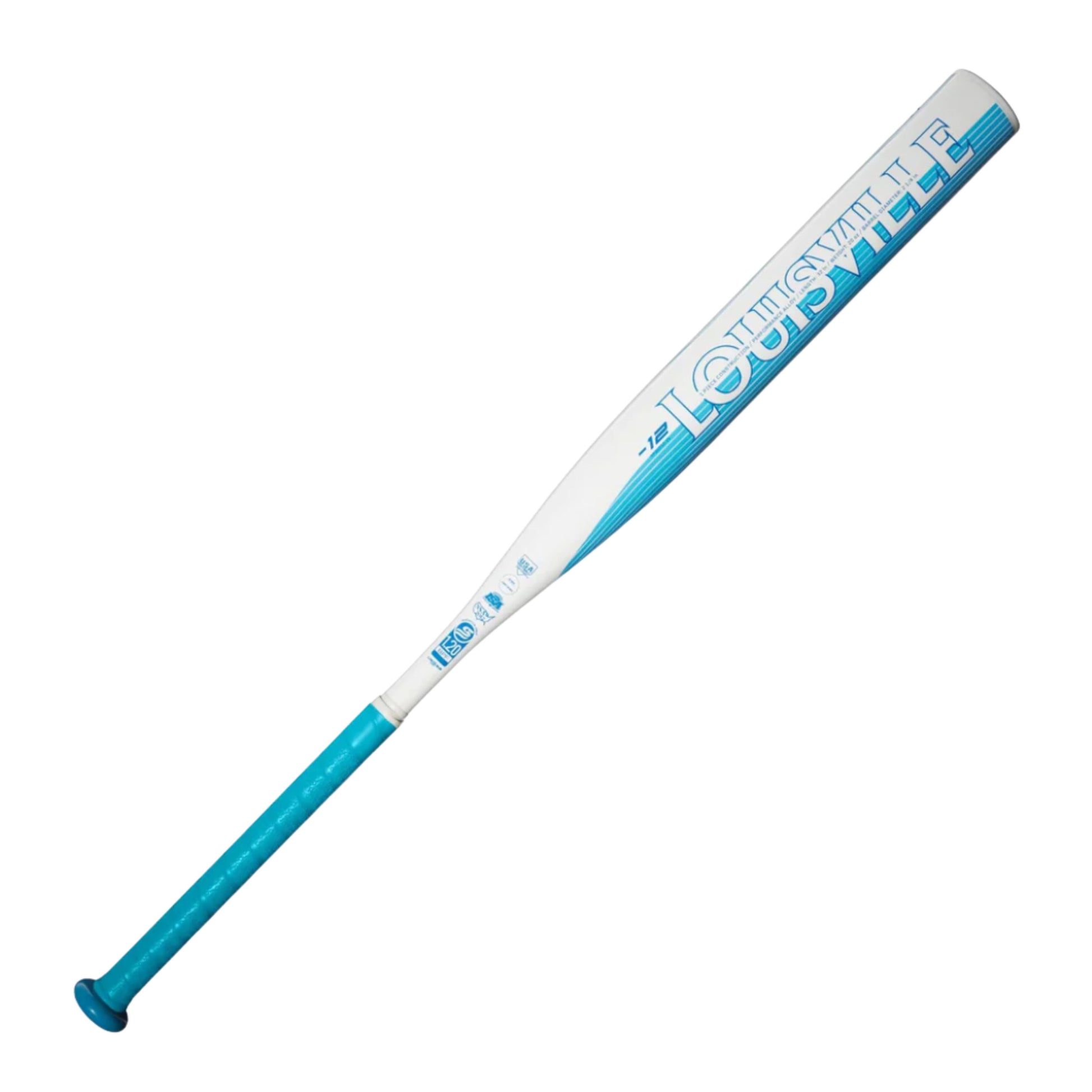 A photo of the Louisville Slugger 2025 Quest (-12) Fastpitch Bat in colour teal and white, with white text LOUISVILLE.