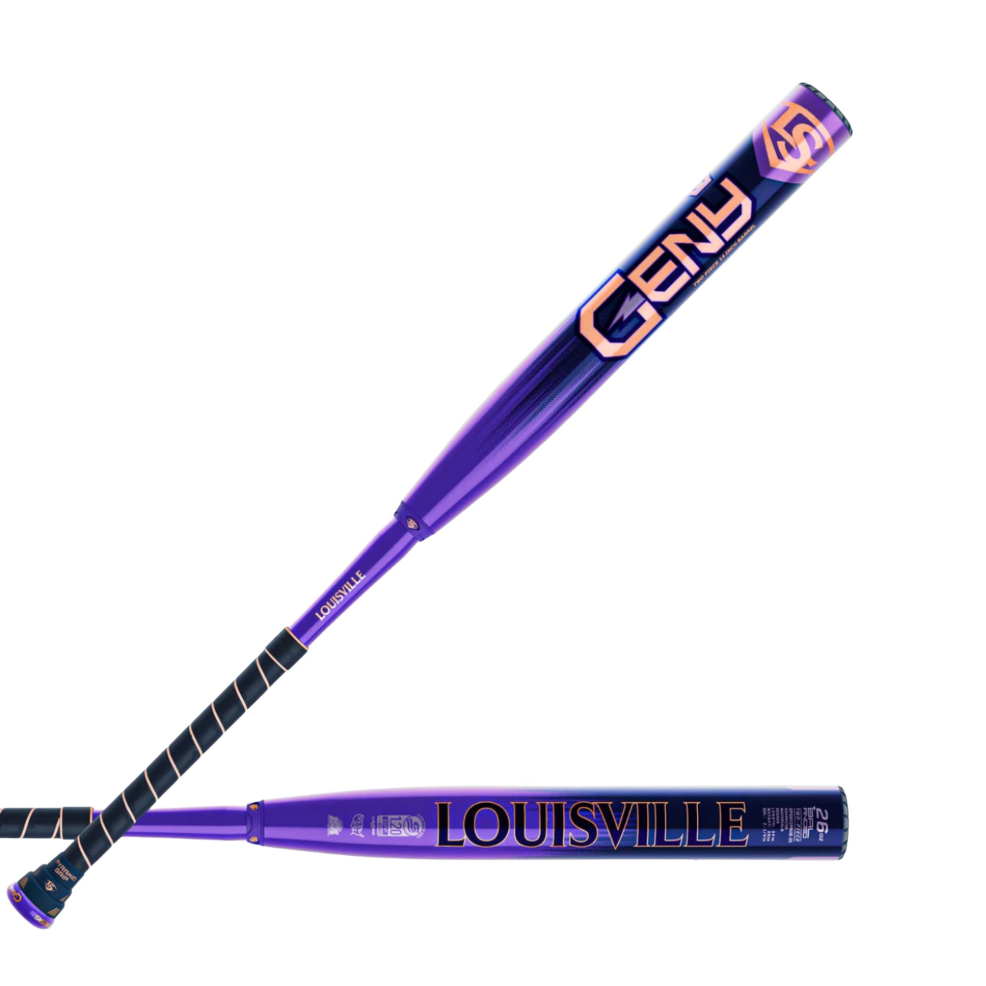 Louisville Slugger 2026 GENY 2PC Balanced USSSA Baseball Bat in colours purple and yellow.