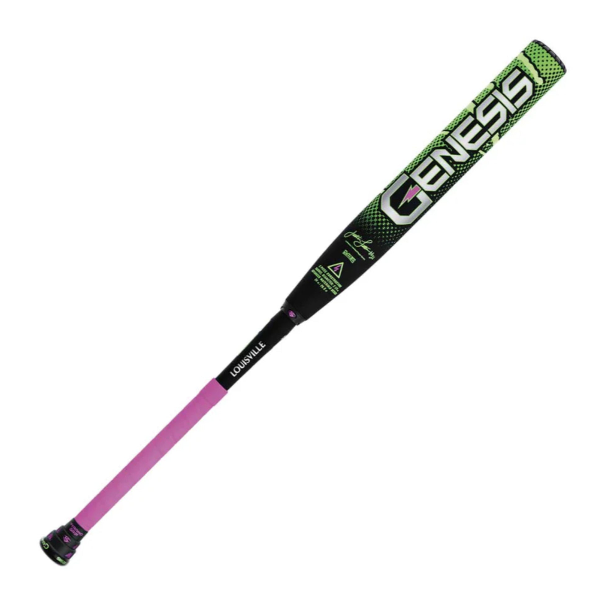 A photo of the Louisville Slugger 2026 Genesis Justin Lutheran 2PC Powerload USSSA Slo-Pitch Bat in colour black, green and pink.